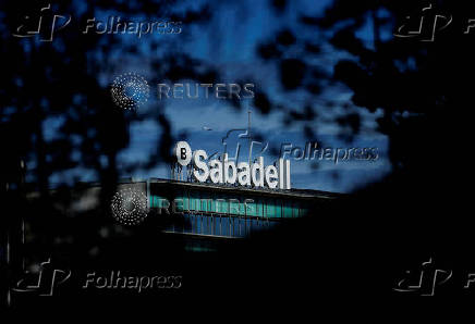 FILE PHOTO: Logo of Sabadell bank is seen on the top of their main central service office building in Sant Cugat del Valles