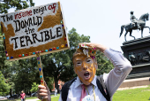 Activists rally during an anti-Trump protest march to the White House in Washington