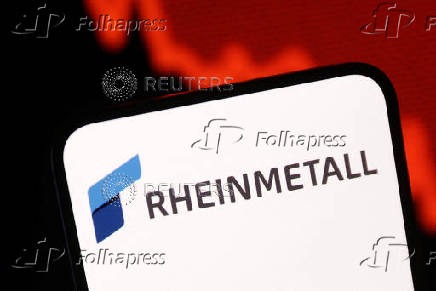Illustration shows Rheinmetall logo and decreasing stock graph