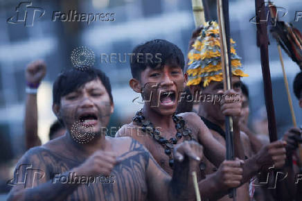 Munduruku and Guarani-Kaiowa Indigenous people participate in a protest in front of the Supreme Court