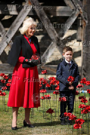 Britain's Queen Camilla views an installation of 30,000 ceramic poppies commemorating the 80th anniversary of Victory in Europe (VE) Day in London