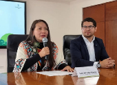 Colombia's Minister of Environment and Sustainable Development, Lena Estrada, and Deputy Director of Ecosystems and Environmental Information at IDEAM, Raymond Jimenez, attend a press conference in Bogota