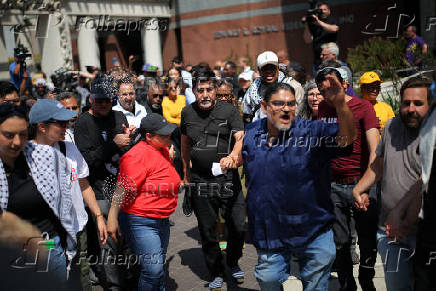 SEIU California and SEIU-USWW union president David Huerta speaks to the media after being realeased, in Los Angeles