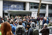 Students block access to the state broadcaster Radio Television of Serbia (RTS), demanding fair and unbiased reporting, in Belgrade