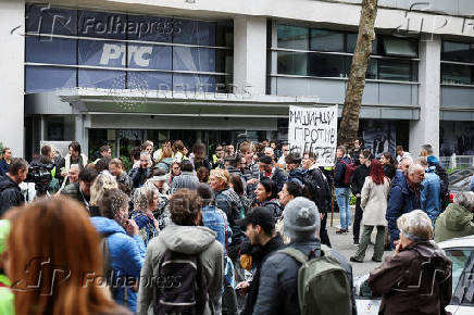 Students block access to the state broadcaster Radio Television of Serbia (RTS), demanding fair and unbiased reporting, in Belgrade