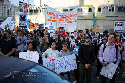 Protestors gather around the Los Angeles Federal Building after multiple detentions by ICE, Los Angeles