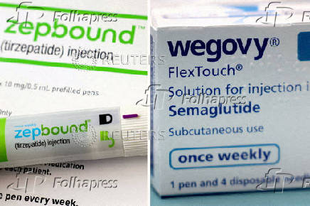 FILE PHOTO: A combination image shows an injection pen of Zepbound, Eli Lilly's weight loss drug, and boxes of Wegovy, made by Novo Nordisk