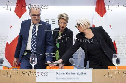 Swiss President addresses press conference on Trump's tariffs in Bern
