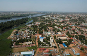 An aerial view from the plane shows the Nile River flowing near Juba