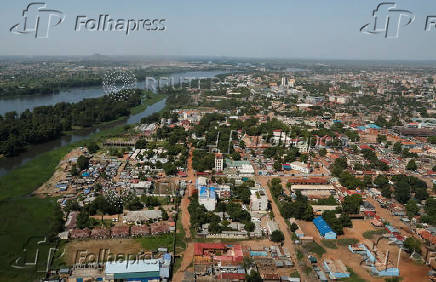 An aerial view from the plane shows the Nile River flowing near Juba