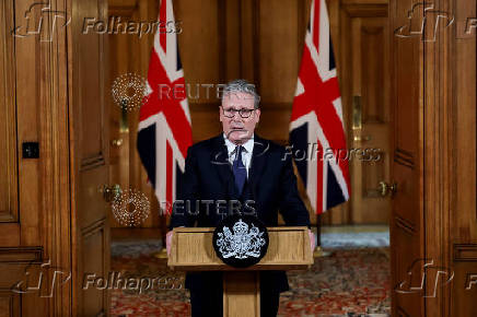 Britain's PM Starmer delivers statement inside No. 10 Downing Street, in London