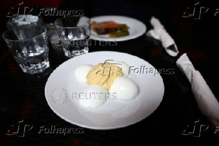 A plate with egg mayonnaise in a restaurant in Paris