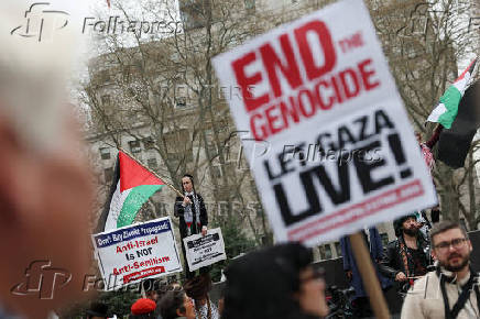 Protesters gather to call for the release of Mahmoud Khalil, in Manhattan