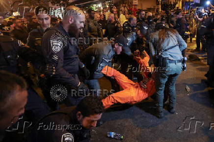 Demonstrators protest outside Likud Party headquarters calling for the release of all hostages as Israel marks 600 days since they were kidnapped, in Tel Aviv
