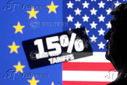 Illustration shows 3D-printed miniature of U.S. President Donald Trump, U.S. and EU flags and words 