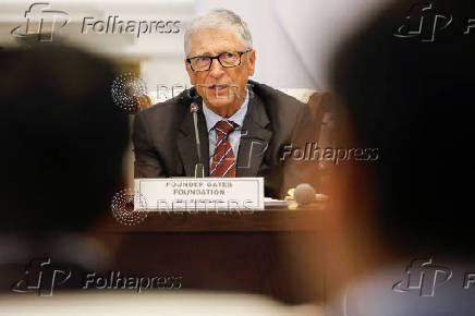 Bill Gates speaks during a meeting with Indonesian President Prabowo Subianto at the Merdeka Palace in Jakarta