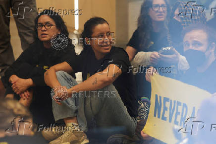 Pro-Palestinian demonstrators gather at the offices of U.S. Senate Minority Leader Schumer- and Sen. Gillibrand, in New York City