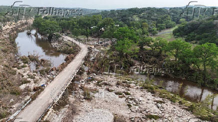 A drone view shows the Guadalupe River and damage from flooding near Camp Mystic