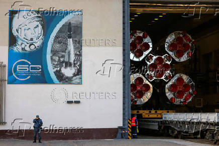 The Soyuz MS-27 spacecraft is rolled out of an assembling hangar onto the launch pad ahead of the next crew launch to the International Space Station at Baikonur Cosmodrome