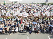 Houthi supporters protest against the USA, Israel