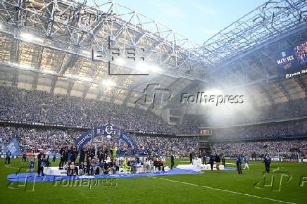 Lech Poznan team celebrate their Polish Extra League championship title
