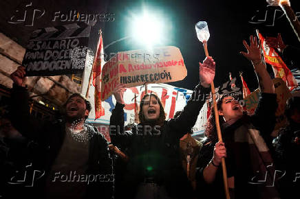 Argentine university teachers and students march during a protest against Argentine President Javier Milei's education budget, in Buenos Aires