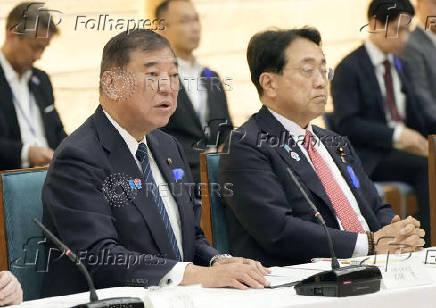Japan's Prime Minister Shigeru Ishiba speaks during a meeting with cabinet ministers to discuss Japan's strategy in dealing with U.S. tariffs, in Tokyo
