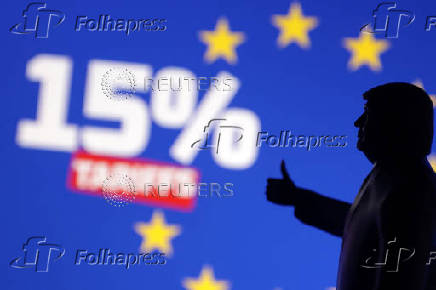 Illustration shows 3D-printed miniature of U.S. President Donald Trump, EU flag and words 