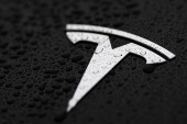 The logo of Tesla is seen on a Tesla car in Brussels
