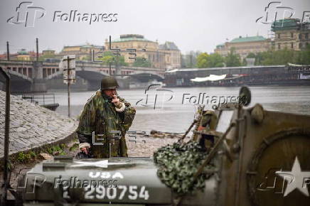 History enthusiasts participate in the 'Convoy of Liberty' in Prague