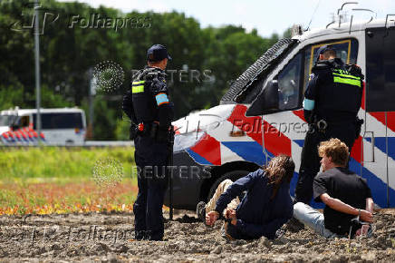 Extinction Rebellion protest next to Dutch highway A44 ahead of the NATO summit at The Hague, near Abbenes