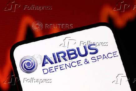 Illustration shows Airbus Defence & Space logo and rising stock graph