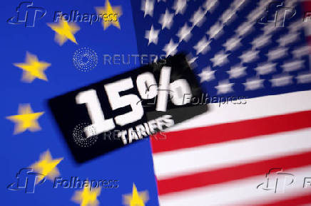 Illustration shows U.S. and EU flags and words 
