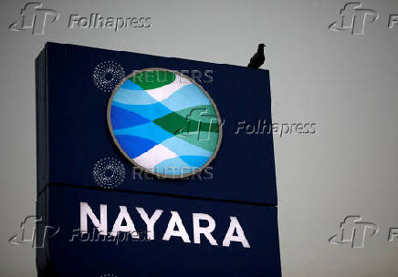 FILE PHOTO: Logo of Nayara is seen at its fuel station on the outskirts of Ahmedabad