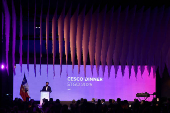 Chilean President Gabriel Boric delivers a speech at the annual CESCO Week 2025 dinner