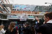 Students block access to the state broadcaster Radio Television of Serbia (RTS), demanding fair and unbiased reporting, in Belgrade