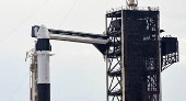 A Falcon 9 rocket stands at the pad before its upcoming launch of the Axiom-4 crewed mission to the International Space Station