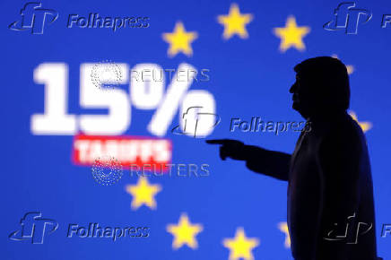 Illustration shows 3D-printed miniature of U.S. President Donald Trump, EU flag and words 