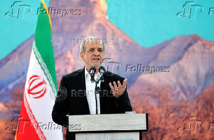 FILE PHOTO: Iranian President Masoud Pezeshkian speaks during a meeting in Ilam