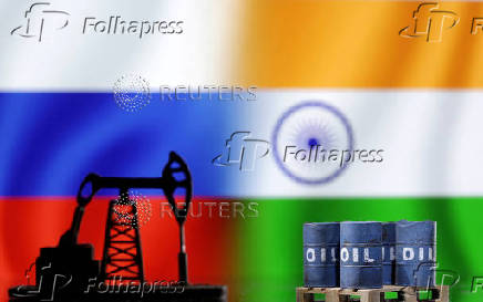 FILE PHOTO: Illustration shows oil pump jack, Russian and Indian flags