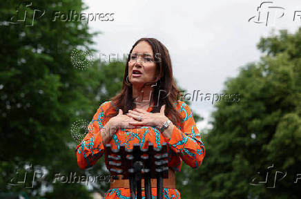 Agriculture secretary Brooke Rollins speaks to the media outside the White House in Washington