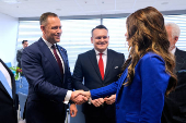 Poland's conservative presidential candidate Karol Nawrocki, arrives ahead of a meeting with Homeland Security Secretary Kristi Noem in in Rzeszow
