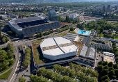 FILE PHOTO:  A drone view shows St. Jakobshalle ahead of the Eurovision Song Contest in Basel