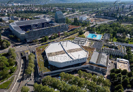 FILE PHOTO:  A drone view shows St. Jakobshalle ahead of the Eurovision Song Contest in Basel