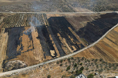 A drone view shows burnt farms, after an Israeli settlers attack in Al Mughayyir near Ramallah