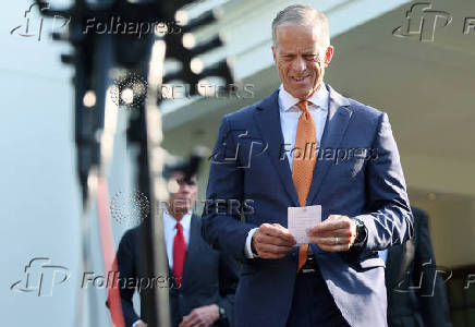 Republican U.S. Senators speak to the media after meeting with the president about the Big Beautiful Bill at the White House in Washington