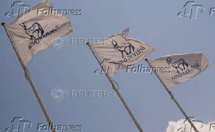 Novo Nordisk flags flutter outside their office in Bagsvaerd, on the outskirts of Copenhagen