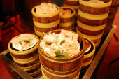Steamers full of food are prepared at the Jing Fong restaurant in the Chinatown neighborhood of Manhattan in New York City