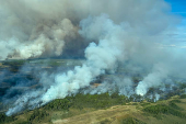 Smoke rises from wildfire LWF090, the Caribou Lake Wildfire in Alberta