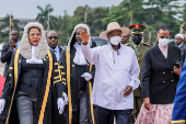 Uganda's President Yoweri Museveni with first lady Janet Museveni arrives for the 2025 State of the Nation Address at Kololo Ceremonial Grounds, in Kampala
